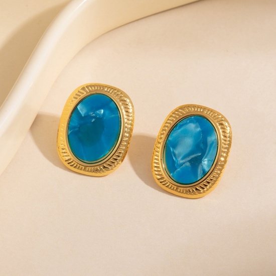 Picture of Wholesale Retro Dainty Ear Post Stud Earrings, Oval Blue Imitation Shell 18K Gold Plated 304 Stainless Steel, Women's Eco-friendly PVD Gift Jewelry Supply, 25mm x 20mm, 1 Pair