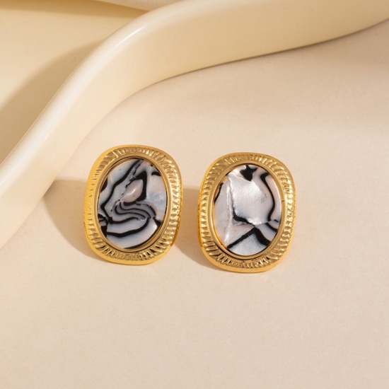 Picture of Wholesale Retro Dainty Ear Post Stud Earrings, Oval Black & White Imitation Shell 18K Gold Plated 304 Stainless Steel, Women's Eco-friendly PVD Gift Jewelry Supply, 25mm x 20mm, 1 Pair
