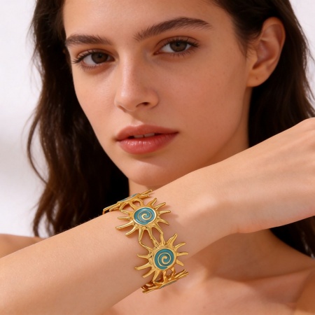 Immagine di Sole Blu Smalto 304 Acciaio Inossidabile Aprire Braccialetti All'Ingrosso, Placcato Oro 18K PVD Ecologica, Donne Galassia Retrò Regalo Fornitura di Gioielli, 5.3cm Dia., 1 Pz