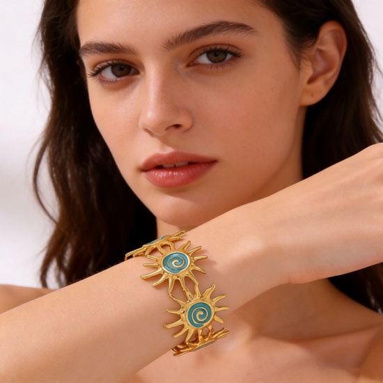 Picture of Wholesale Sun Blue Enamel 304 Stainless Steel Open Cuff Bangles Bracelets, 18K Gold Plated Eco-friendly PVD, Women's Galaxy Retro Gift Jewelry Supply, 5.3cm Dia., 1 Piece