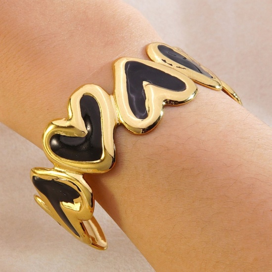 Picture of Wholesale Heart Black Enamel 304 Stainless Steel Open Cuff Bangles Bracelets, 18K Gold Plated Eco-friendly PVD, Women's Valentine's Day Dainty Gift Jewelry Supply, 5.5cm Dia., 1 Piece