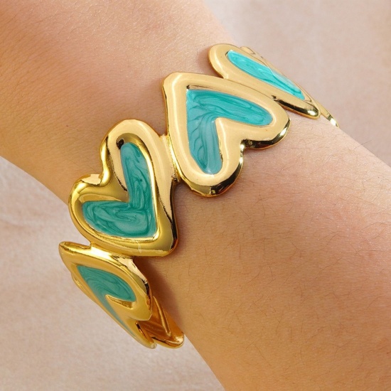 Picture of Wholesale Heart Blue Enamel 304 Stainless Steel Open Cuff Bangles Bracelets, 18K Gold Plated Eco-friendly PVD, Women's Valentine's Day Dainty Gift Jewelry Supply, 5.5cm Dia., 1 Piece