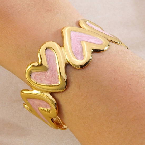 Picture of Wholesale Heart Pink Enamel 304 Stainless Steel Open Cuff Bangles Bracelets, 18K Gold Plated Eco-friendly PVD, Women's Valentine's Day Dainty Gift Jewelry Supply, 5.5cm Dia., 1 Piece