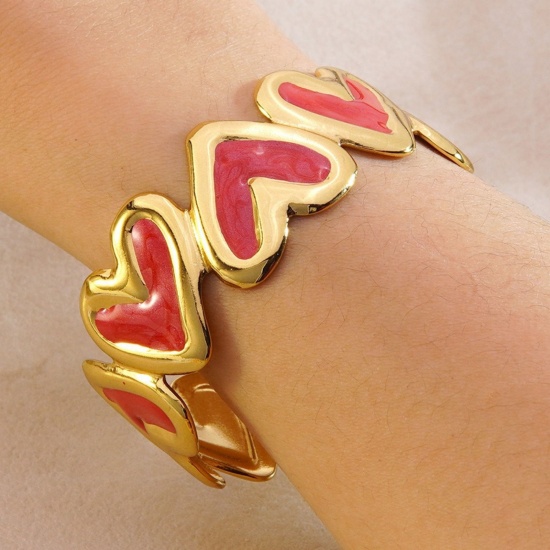 Picture of Wholesale Heart Red Enamel 304 Stainless Steel Open Cuff Bangles Bracelets, 18K Gold Plated Eco-friendly PVD, Women's Valentine's Day Dainty Gift Jewelry Supply, 5.5cm Dia., 1 Piece