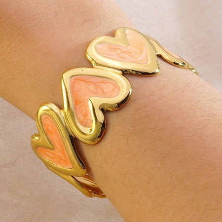 Picture of Wholesale Heart Orange Pink Enamel 304 Stainless Steel Open Cuff Bangles Bracelets, 18K Gold Plated Eco-friendly PVD, Women's Valentine's Day Dainty Gift Jewelry Supply, 5.5cm Dia., 1 Piece