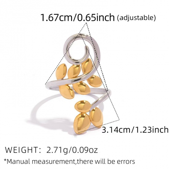 Picture of Wholesale Women's Gift Leaf Two Tone Open Rings, 18K Gold Plated 304 Stainless Steel, Eco-friendly PVD Exquisite Stylish Jewelry Supply, 16.7mm(US Size 6.25), 1 Piece