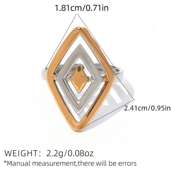 Picture of Wholesale Women's Gift Rhombus Two Tone Open Rings, 18K Gold Plated 304 Stainless Steel, Eco-friendly PVD Exquisite Stylish Jewelry Supply, 18.1mm(US Size 8), 1 Piece