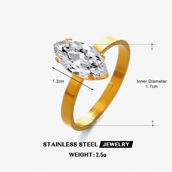 Picture of Wholesale Women's Gift Marquise Clear Cubic Zirconia Open Adjustable Rings, 18K Gold Plated 304 Stainless Steel, Eco-friendly PVD Simple Stylish Jewelry Supply, 17mm(US Size 6.5), 1 Piece