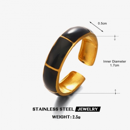 Image de Bagues En Gros Plaqué Or 18K en 304 Acier Inoxydable, aux Femmes Cadeau Noir Émail Ouvert Ajoustable PVD Écologique Exquis À la Mode Fournitures de Bijoux 17mm (Taille d'US 6.5), 1 Pièce