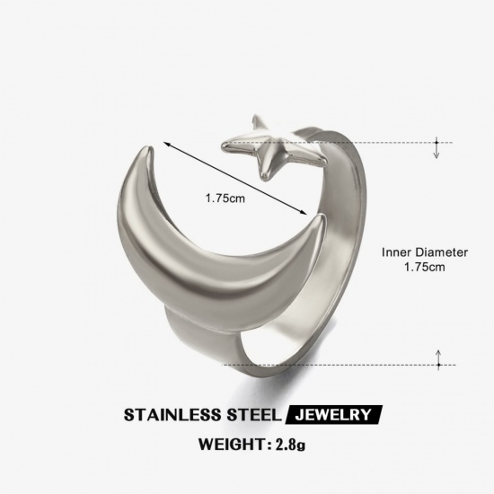 Picture of Wholesale Women's Gift Star And Crescent Moon Open Adjustable Rings, Silver Tone 304 Stainless Steel, Eco-friendly Religious Stylish Jewelry Supply, 17.5mm(US size 7.25), 1 Piece