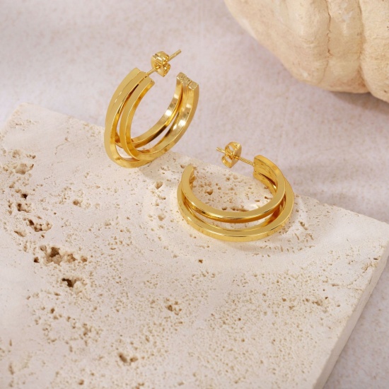 Picture of Wholesale Exquisite Stylish Hoop Earrings, 18K Gold Plated 304 Stainless Steel, Women's Eco-friendly Gift Jewelry Supply, 28mm Dia., 1 Pair