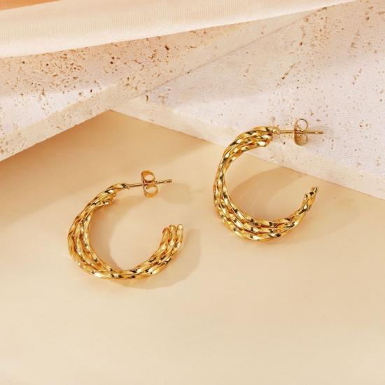 Picture of Wholesale Exquisite Stylish Hoop Earrings, 18K Gold Plated 304 Stainless Steel, Women's Eco-friendly Gift Jewelry Supply, 25mm Dia., 1 Pair