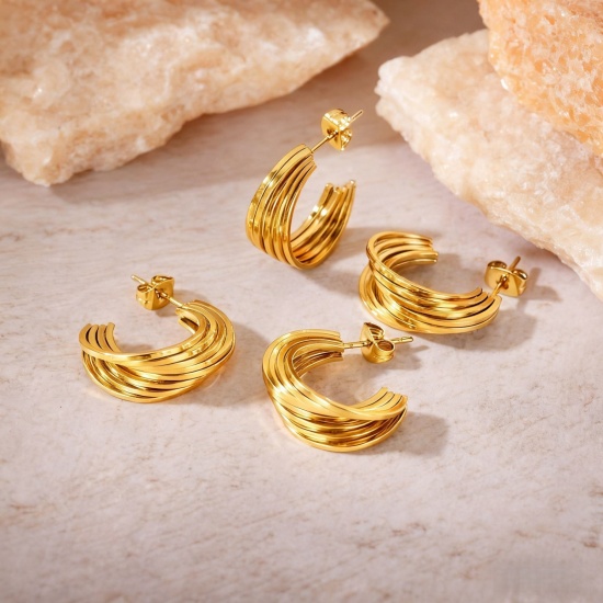 Picture of Wholesale Exquisite Stylish Hoop Earrings, 18K Gold Plated 304 Stainless Steel, Women's Eco-friendly Gift Jewelry Supply, 22mm Dia., 1 Pair