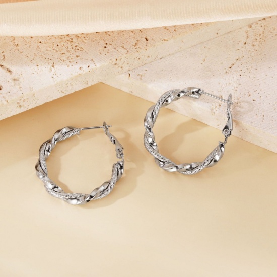 Picture of Wholesale Exquisite Stylish Hoop Earrings, Silver Tone 304 Stainless Steel, Women's Eco-friendly Gift Jewelry Supply, 30mm Dia., 1 Pair