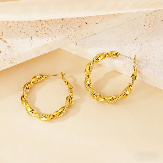 Picture of Wholesale Exquisite Stylish Hoop Earrings, 18K Gold Plated 304 Stainless Steel, Women's Eco-friendly Gift Jewelry Supply, 30mm Dia., 1 Pair