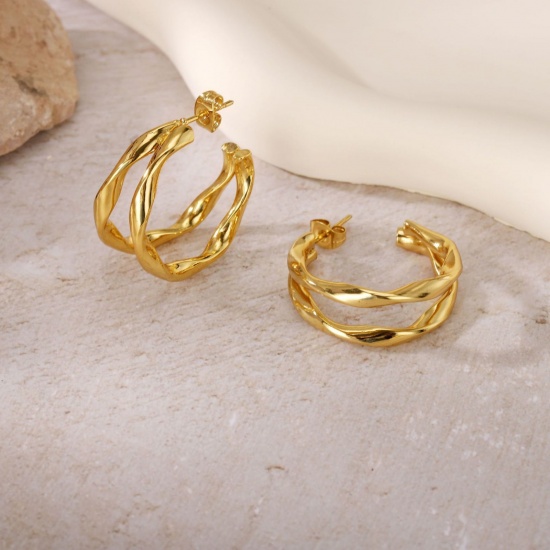 Picture of Wholesale Exquisite Stylish Hoop Earrings, 18K Gold Plated 304 Stainless Steel, Women's Eco-friendly Gift Jewelry Supply, 27mm Dia., 1 Pair