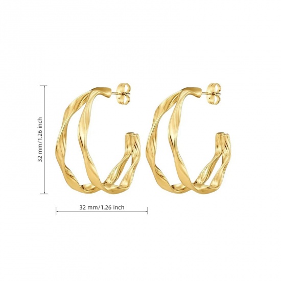 Picture of Wholesale Exquisite Stylish Hoop Earrings, 18K Gold Plated 304 Stainless Steel, Women's Eco-friendly Gift Jewelry Supply, 32mm Dia., 1 Pair