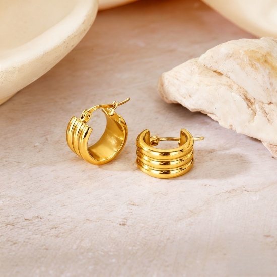 Picture of Wholesale Exquisite Stylish Huggie Hoop Earrings, 18K Gold Plated 304 Stainless Steel, Women's Eco-friendly Gift Jewelry Supply, 16mm Dia., 1 Pair