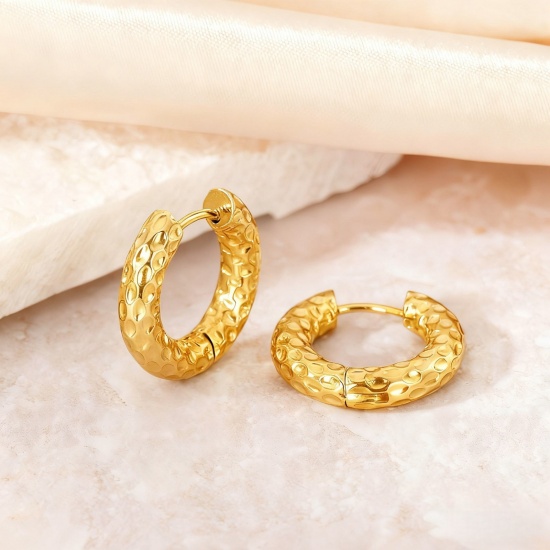 Picture of Wholesale Exquisite Stylish Huggie Hoop Earrings, 18K Gold Plated 304 Stainless Steel, Women's Eco-friendly Gift Jewelry Supply, 12mm Dia., 1 Pair