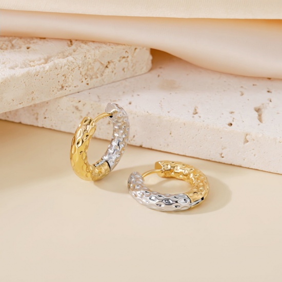 Picture of Wholesale Exquisite Stylish Huggie Hoop Earrings, Two Tone Silver Tone & 18K Gold Plated 304 Stainless Steel, Women's Eco-friendly Gift Jewelry Supply, 12mm Dia., 1 Pair