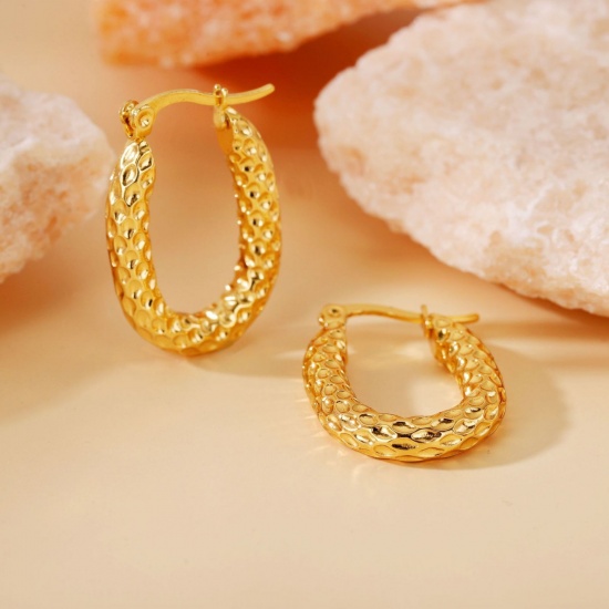 Picture of Wholesale Exquisite Stylish Hoop Earrings, 18K Gold Plated 304 Stainless Steel, Women's Eco-friendly Gift Jewelry Supply, 25mm Dia., 1 Pair