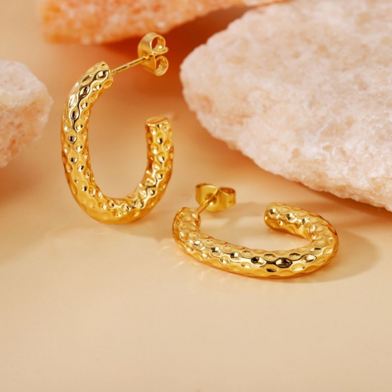 Picture of Wholesale Exquisite Stylish Hoop Earrings, 18K Gold Plated 304 Stainless Steel, Women's Eco-friendly Gift Jewelry Supply, 25mm Dia., 1 Pair