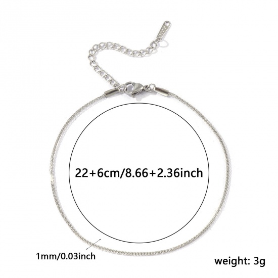 Picture of Wholesale 304 Stainless Steel Foxtail Chain Anklet, Silver Tone Eco-friendly, Women's Stylish Minimalist Gift Jewelry Supply, 22cm(8.7") + 6cm(2.4") long, Chain Size: 1mm, 1 Piece