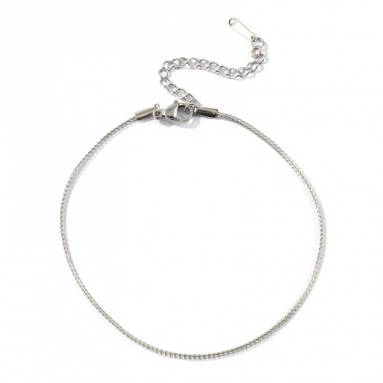 Picture of Wholesale 304 Stainless Steel Flat Foxtail Chain Anklet, Silver Tone Eco-friendly, Women's Stylish Minimalist Gift Jewelry Supply, 22cm(8.7") + 6cm(2.4") long, Chain Size: 1.4mm, 1 Piece