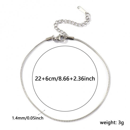 Picture of Wholesale 304 Stainless Steel Flat Foxtail Chain Anklet, Silver Tone Eco-friendly, Women's Stylish Minimalist Gift Jewelry Supply, 22cm(8.7") + 6cm(2.4") long, Chain Size: 1.4mm, 1 Piece