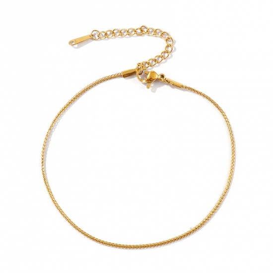 Picture of Wholesale 304 Stainless Steel Flat Foxtail Chain Anklet, 18K Real Gold Plated Eco-friendly PVD Waterproof Anti-Tarnish Hypoallergenic, Women's Stylish Minimalist Gift Jewelry Supply, 22cm(8.7") + 6cm(2.4") long, Chain Size: 1.4mm, 1 Piece