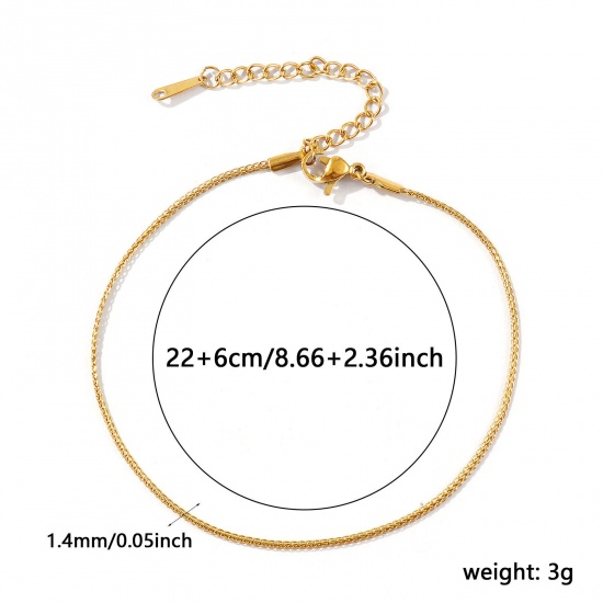 Picture of Wholesale 304 Stainless Steel Flat Foxtail Chain Anklet, 18K Real Gold Plated Eco-friendly PVD Waterproof Anti-Tarnish Hypoallergenic, Women's Stylish Minimalist Gift Jewelry Supply, 22cm(8.7") + 6cm(2.4") long, Chain Size: 1.4mm, 1 Piece