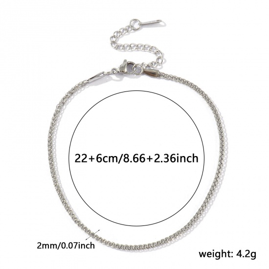 Picture of Wholesale 304 Stainless Steel Foxtail Chain Anklet, Silver Tone Eco-friendly, Women's Stylish Minimalist Gift Jewelry Supply, 22cm(8.7") + 6cm(2.4") long, Chain Size: 2mm, 1 Piece