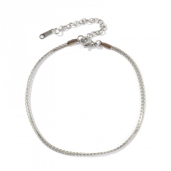 Picture of Wholesale 304 Stainless Steel Flat Foxtail Chain Anklet, Silver Tone Eco-friendly, Women's Stylish Minimalist Gift Jewelry Supply, 22cm(8.7") + 6cm(2.4") long, Chain Size: 1.4mm, 1 Piece