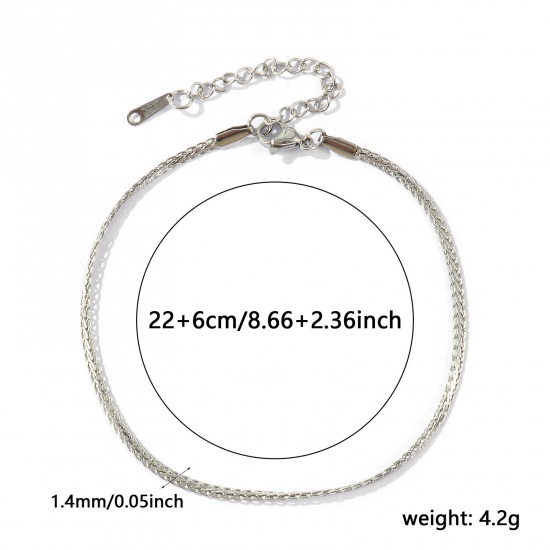Picture of Wholesale 304 Stainless Steel Flat Foxtail Chain Anklet, Silver Tone Eco-friendly, Women's Stylish Minimalist Gift Jewelry Supply, 22cm(8.7") + 6cm(2.4") long, Chain Size: 1.4mm, 1 Piece