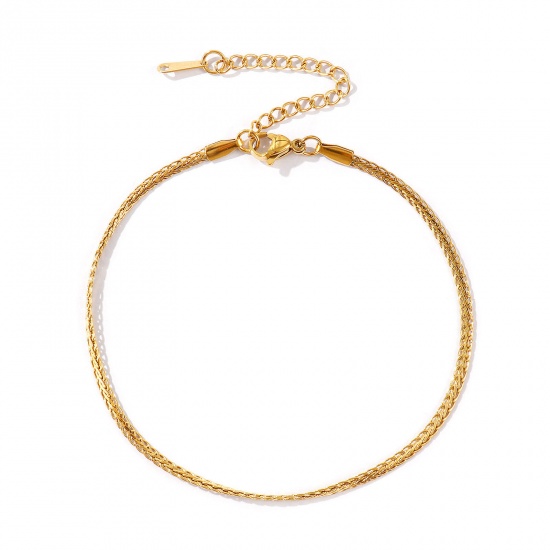 Picture of Wholesale 304 Stainless Steel Flat Foxtail Chain Anklet, 18K Real Gold Plated Eco-friendly PVD Waterproof Anti-Tarnish Hypoallergenic, Women's Stylish Minimalist Gift Jewelry Supply, 22cm(8.7") + 6cm(2.4") long, Chain Size: 1.4mm, 1 Piece