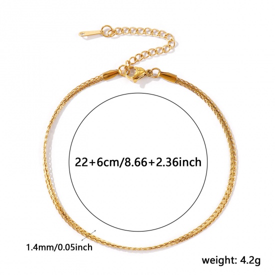 Picture of Wholesale 304 Stainless Steel Flat Foxtail Chain Anklet, 18K Real Gold Plated Eco-friendly PVD Waterproof Anti-Tarnish Hypoallergenic, Women's Stylish Minimalist Gift Jewelry Supply, 22cm(8.7") + 6cm(2.4") long, Chain Size: 1.4mm, 1 Piece