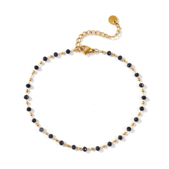 Picture of Wholesale Black 304 Stainless Steel & Glass Beaded Chain Anklet, 18K Real Gold Plated Eco-friendly PVD Waterproof Anti-Tarnish Hypoallergenic, Women's Stylish Minimalist Gift Jewelry Supply, 22cm(8.7") + 5cm(2") long, Chain Size: 3mm, 1 Piece