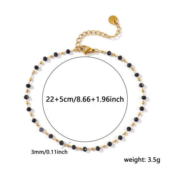 Picture of Wholesale Black 304 Stainless Steel & Glass Beaded Chain Anklet, 18K Real Gold Plated Eco-friendly PVD Waterproof Anti-Tarnish Hypoallergenic, Women's Stylish Minimalist Gift Jewelry Supply, 22cm(8.7") + 5cm(2") long, Chain Size: 3mm, 1 Piece