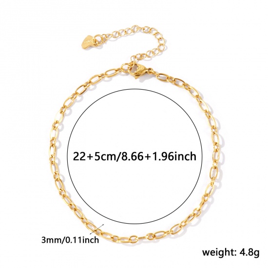 Picture of Wholesale 304 Stainless Steel 1:1 Figaro Link Chain Anklet, 18K Real Gold Plated Eco-friendly PVD Waterproof Anti-Tarnish Hypoallergenic, Women's Stylish Minimalist Gift Jewelry Supply, 22cm(8.7") + 5cm(2") long, Chain Size: 3mm, 1 Piece