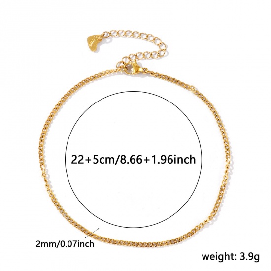 Picture of Wholesale 304 Stainless Steel Curb Link Chain Anklet, 18K Real Gold Plated Eco-friendly PVD Waterproof Anti-Tarnish Hypoallergenic, Women's Stylish Minimalist Gift Jewelry Supply, 22cm(8.7") + 5cm(2") long, Chain Size: 2mm, 1 Piece