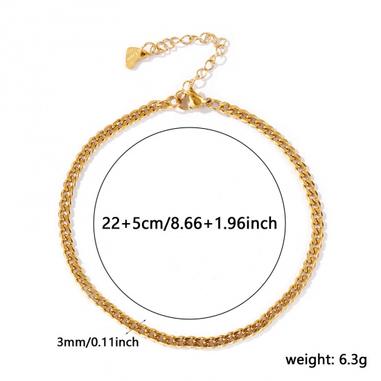 Picture of Wholesale 304 Stainless Steel Curb Link Chain Anklet, 18K Real Gold Plated Eco-friendly PVD Waterproof Anti-Tarnish Hypoallergenic, Women's Stylish Minimalist Gift Jewelry Supply, 22cm(8.7") + 5cm(2") long, Chain Size: 3mm, 1 Piece