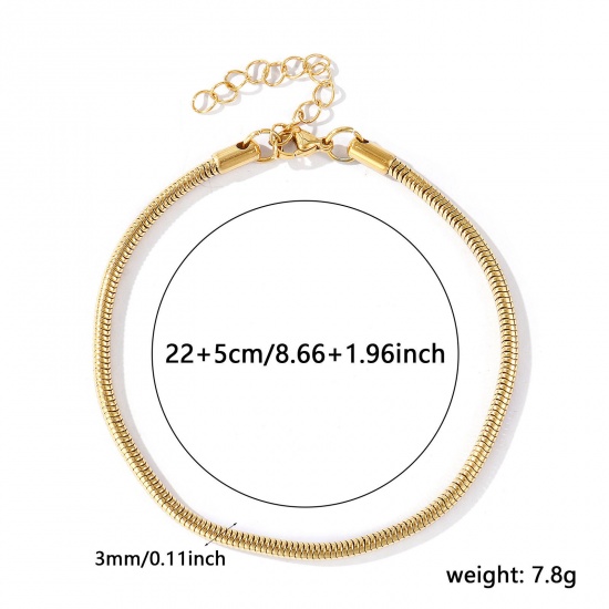 Picture of Wholesale 304 Stainless Steel Snake Chain Anklet, 18K Real Gold Plated Eco-friendly PVD Waterproof Anti-Tarnish Hypoallergenic, Women's Stylish Minimalist Gift Jewelry Supply, 22cm(8.7") + 6cm(2.4") long, Chain Size: 3mm, 1 Piece