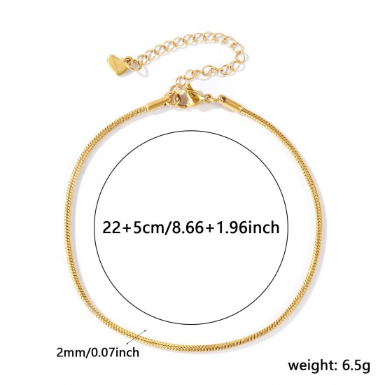 Picture of Wholesale 304 Stainless Steel Snake Chain Anklet, 18K Real Gold Plated Eco-friendly PVD Waterproof Anti-Tarnish Hypoallergenic, Women's Stylish Minimalist Gift Jewelry Supply, 22cm(8.7") + 5cm(2") long, Chain Size: 2mm, 1 Piece
