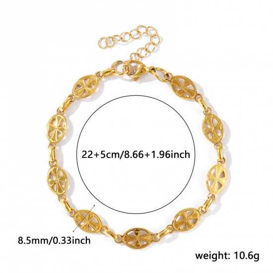 Picture of Wholesale Cross 304 Stainless Steel Handmade Link Chain Anklet, 18K Real Gold Plated Eco-friendly PVD Waterproof Anti-Tarnish Hypoallergenic, Women's Stylish Minimalist Gift Jewelry Supply, 22cm(8.7") + 5cm(2") long, Chain Size: 8.5mm, 1 Piece