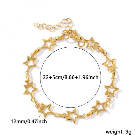 Picture of Wholesale Pentagram Star 304 Stainless Steel Handmade Link Chain Anklet, 18K Real Gold Plated Eco-friendly PVD Waterproof Anti-Tarnish Hypoallergenic, Women's Stylish Minimalist Gift Jewelry Supply, 22cm(8.7") + 5cm(2") long, Chain Size: 12mm, 1 Piece