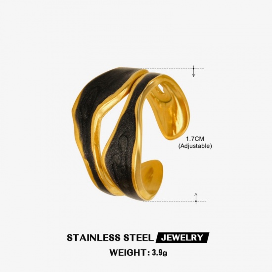 Picture of Wholesale Women's Gift Black Enamel Open Adjustable Rings, 18K Gold Plated 304 Stainless Steel, Eco-friendly PVD Retro Stylish Jewelry Supply, 17mm(US Size 6.5), 1 Piece