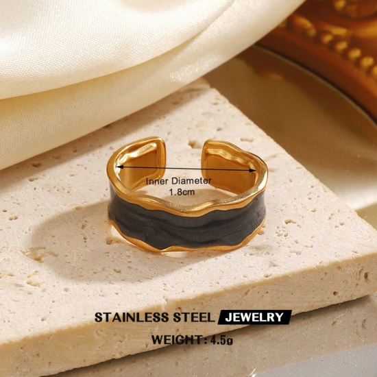 Picture of Wholesale Women's Gift Black Enamel Open Adjustable Rings, 18K Gold Plated 304 Stainless Steel, Eco-friendly PVD Hip-Hop Stylish Jewelry Supply, 18mm(US Size 7.75), 1 Piece