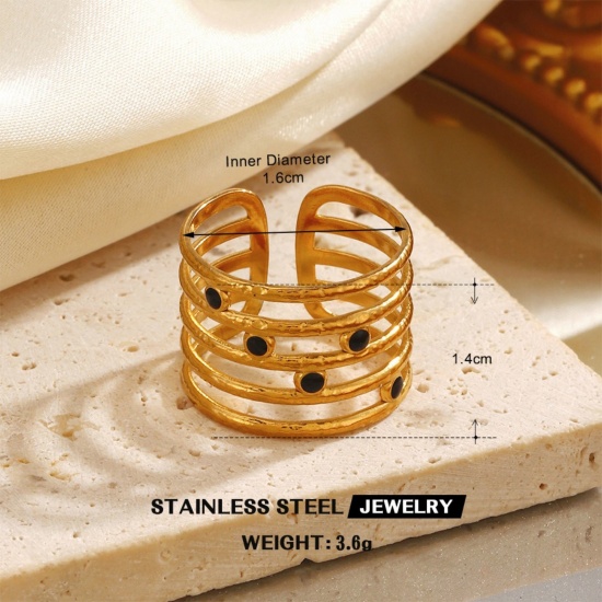 Picture of Wholesale Women's Gift Black Enamel Open Adjustable Rings, 18K Gold Plated 304 Stainless Steel, Eco-friendly PVD Hip-Hop Stylish Jewelry Supply, 16mm(US size 5.25), 1 Piece