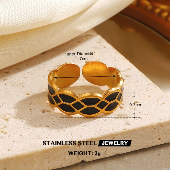 Picture of Wholesale Women's Gift Black Enamel Open Adjustable Rings, 18K Gold Plated 304 Stainless Steel, Eco-friendly PVD Hip-Hop Stylish Jewelry Supply, 17mm(US Size 6.5), 1 Piece