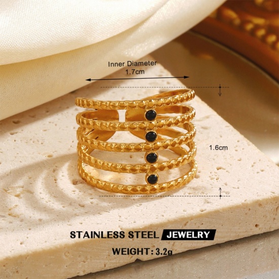 Picture of Wholesale Women's Gift Black Enamel Open Adjustable Rings, 18K Gold Plated 304 Stainless Steel, Eco-friendly PVD Hip-Hop Stylish Jewelry Supply, 17mm(US Size 6.5), 1 Piece